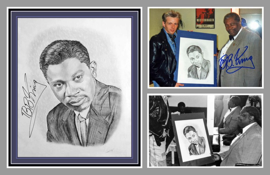 B. B. King signed drawing by Frank Dominiak